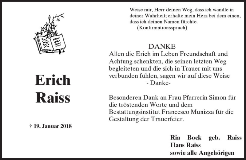  Traueranzeige für Erich Raiss vom 24.02.2018 aus Trauerportal Rhein Main Presse