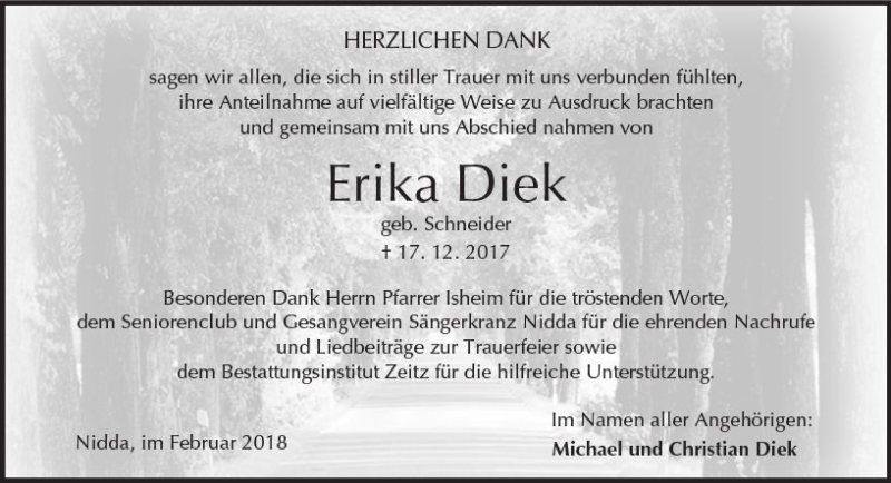  Traueranzeige für Erika Diek vom 17.02.2018 aus  Kreisanzeiger