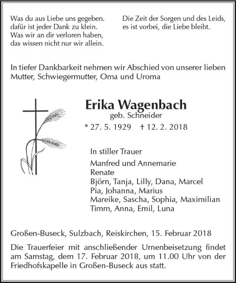  Traueranzeige für Erika Wagenbach vom 15.02.2018 aus  Gießener Anzeiger