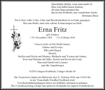 Traueranzeige von Erna Fritz von  Usinger Anzeiger
