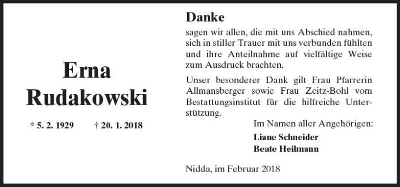  Traueranzeige für Erna Rudakowski vom 10.02.2018 aus  Kreisanzeiger