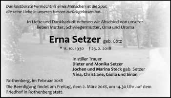 Traueranzeige von Erna Setzer von Trauerportal Rhein Main Presse