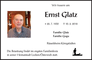 Traueranzeige von Ernst Glatz von Trauerportal Rhein Main Presse