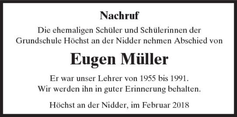  Traueranzeige für Eugen Müller vom 24.02.2018 aus  Kreisanzeiger
