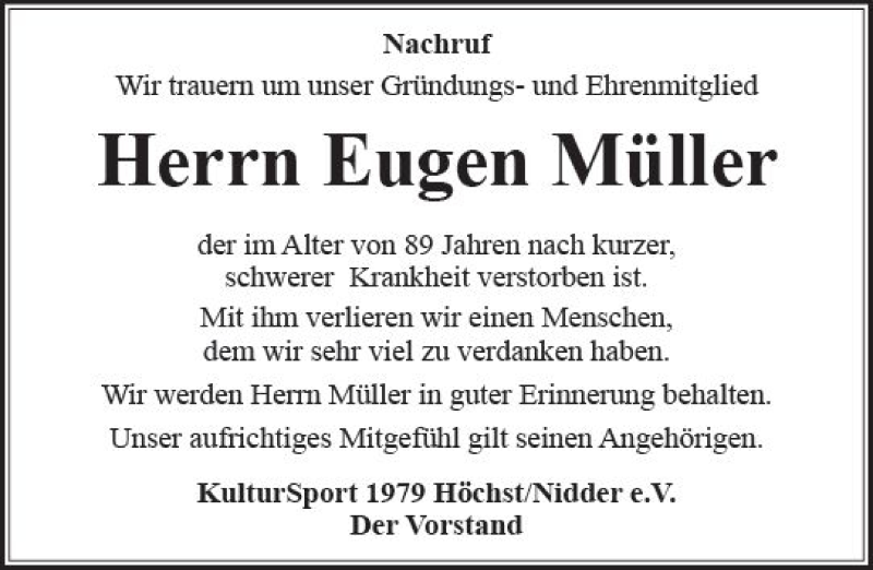  Traueranzeige für Eugen Müller vom 24.02.2018 aus  Kreisanzeiger