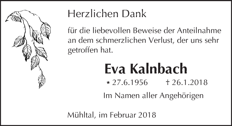  Traueranzeige für Eva Kalnbach vom 10.02.2018 aus Trauerportal Rhein Main Presse
