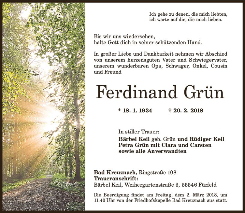  Traueranzeige für Ferdinand Grün vom 24.02.2018 aus Trauerportal Rhein Main Presse