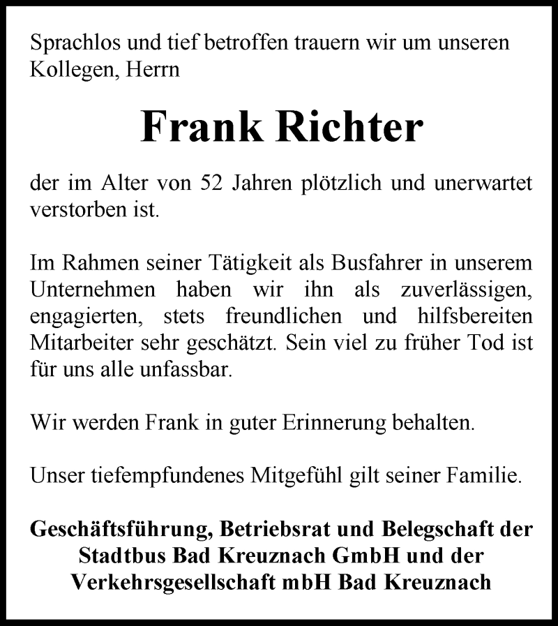  Traueranzeige für Frank Richter vom 10.02.2018 aus Trauerportal Rhein Main Presse