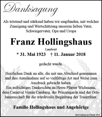 Traueranzeige von Franz Hollingshaus von  Camberger Anzeiger