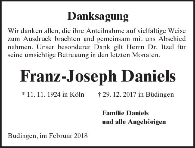  Traueranzeige für Franz-Joseph Daniels vom 10.02.2018 aus  Kreisanzeiger