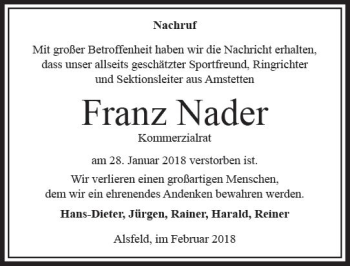 Traueranzeige von Franz Nader von VRM Trauer