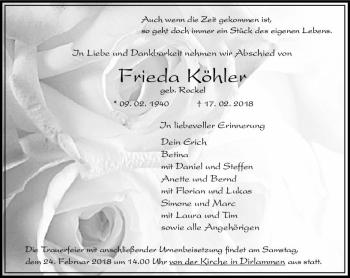 Traueranzeige von Frieda Köhler von VRM Trauer