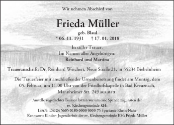 Traueranzeige von Frieda Müller von Trauerportal Rhein Main Presse