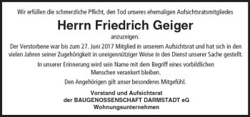 Traueranzeige von Friedrich Geiger von Trauerportal Rhein Main Presse