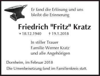 Traueranzeige von Friedrich  Kratz von Trauerportal Rhein Main Presse