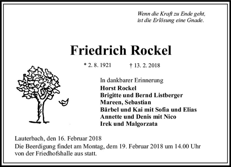  Traueranzeige für Friedrich Rockel vom 16.02.2018 aus VRM Trauer