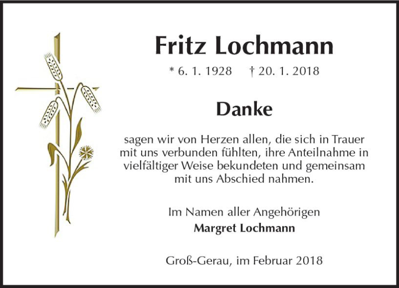  Traueranzeige für Fritz Lochmann vom 24.02.2018 aus Trauerportal Rhein Main Presse