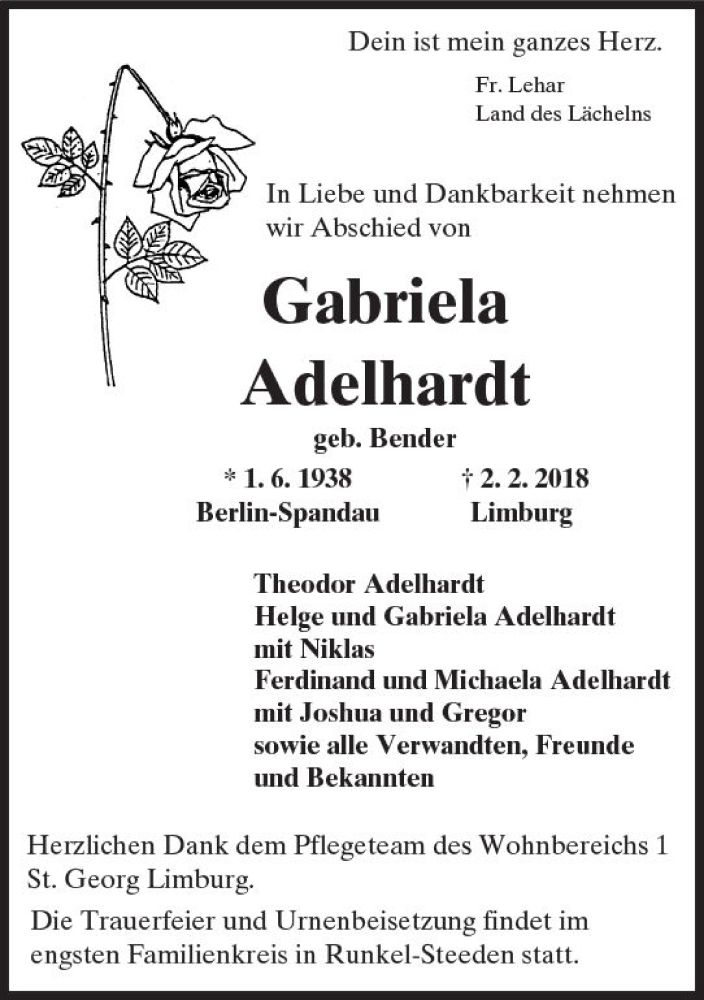  Traueranzeige für Gabriela Adelhardt vom 10.02.2018 aus Trauerportal Rhein Main Presse