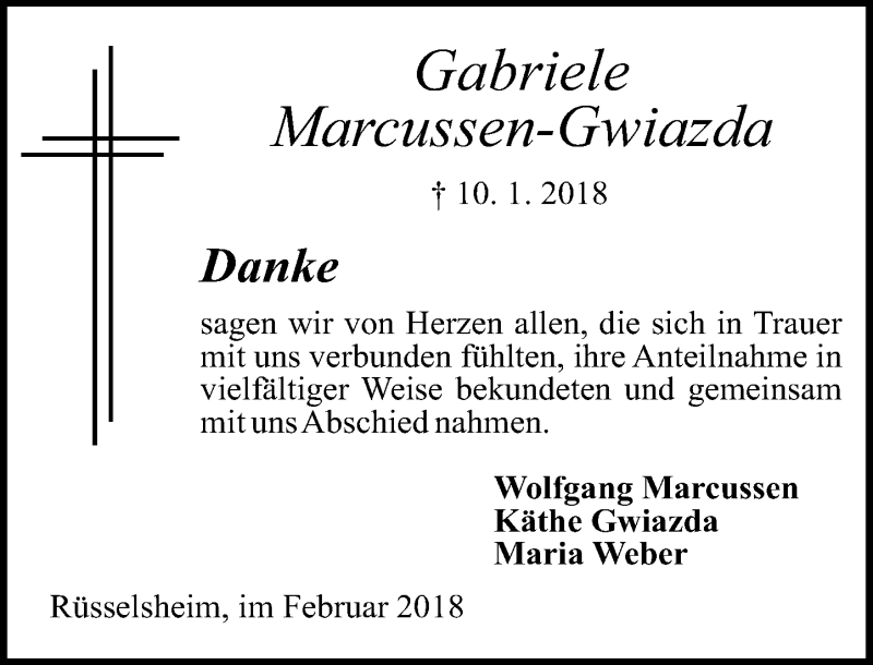  Traueranzeige für Gabriele Marcussen-Gwiazda vom 10.02.2018 aus Trauerportal Rhein Main Presse