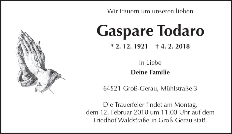  Traueranzeige für Gaspare Todaro vom 07.02.2018 aus Trauerportal Rhein Main Presse