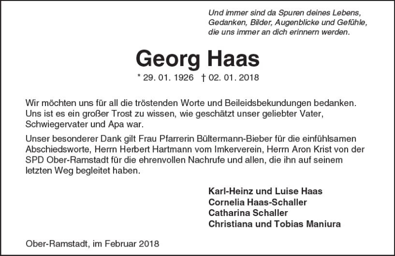  Traueranzeige für Georg Haas vom 24.02.2018 aus Trauerportal Rhein Main Presse