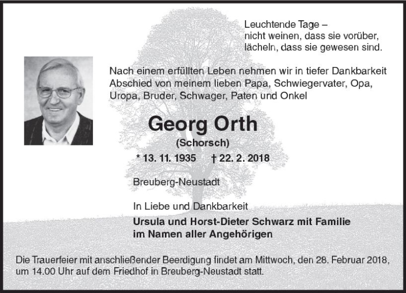  Traueranzeige für Georg Orth vom 24.02.2018 aus Trauerportal Rhein Main Presse