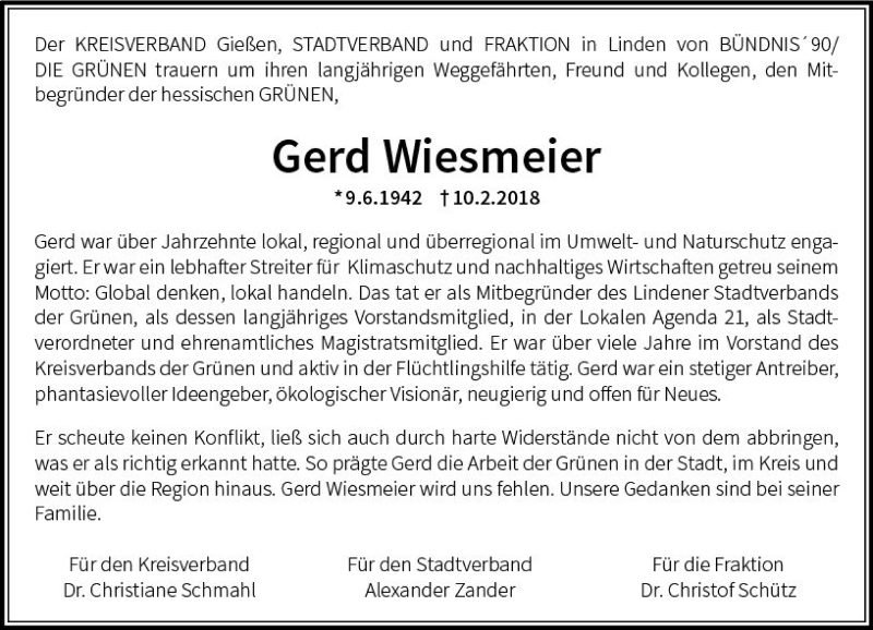  Traueranzeige für Gerd Wiesmeier vom 17.02.2018 aus  Gießener Anzeiger
