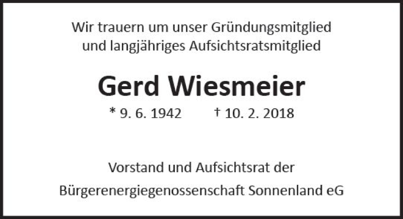 Traueranzeige für Gerd Wiesmeier vom 15.02.2018 aus  Gießener Anzeiger