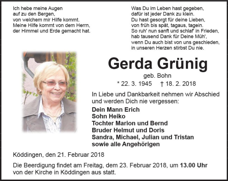  Traueranzeige für Gerda Grünig vom 21.02.2018 aus VRM Trauer