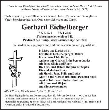 Traueranzeige von Gerhard Eichelberger von Trauerportal Rhein Main Presse