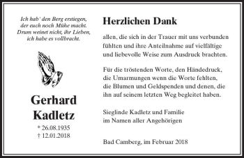 Traueranzeige von Gerhard Kadletz von  Camberger Anzeiger