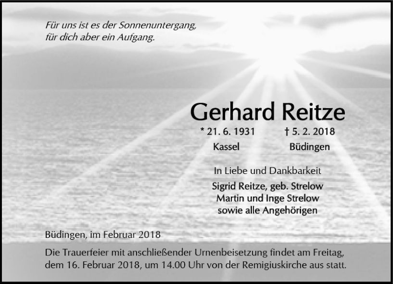  Traueranzeige für Gerhard Reitze vom 14.02.2018 aus  Kreisanzeiger