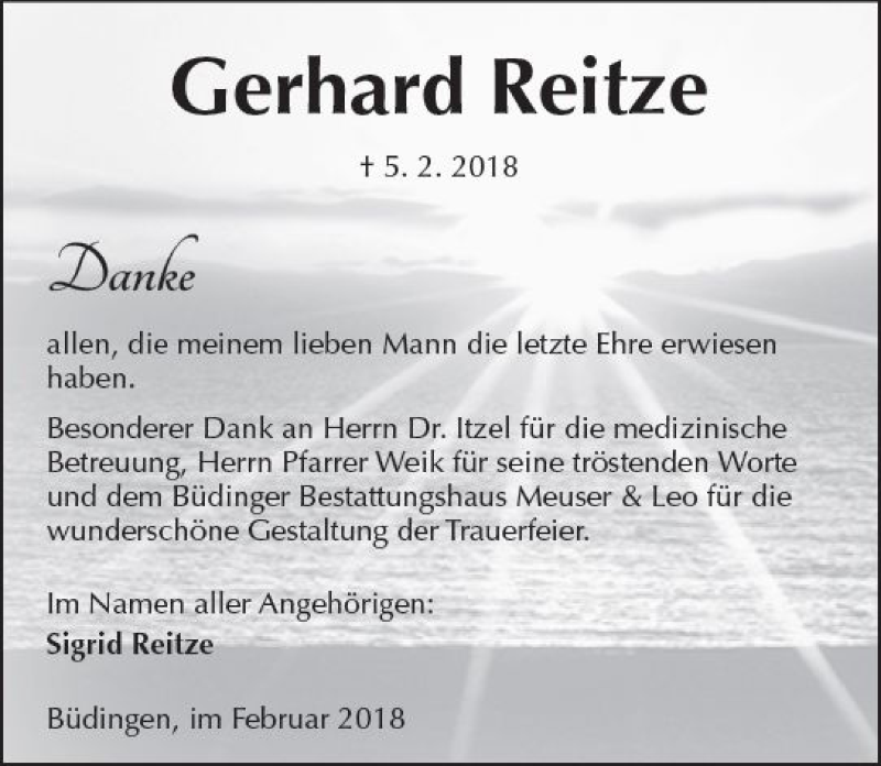  Traueranzeige für Gerhard Reitze vom 24.02.2018 aus  Kreisanzeiger