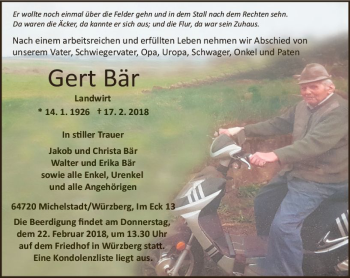 Traueranzeige von Gert Bär von Trauerportal Rhein Main Presse