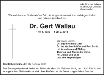 Traueranzeige von Gert Wallau von Trauerportal Rhein Main Presse