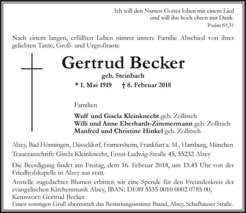  Traueranzeige für Gertrud Becker vom 10.02.2018 aus Trauerportal Rhein Main Presse