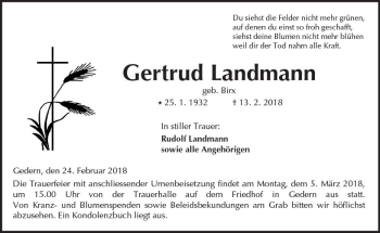 Traueranzeige von Gertrud Landmann von  Kreisanzeiger