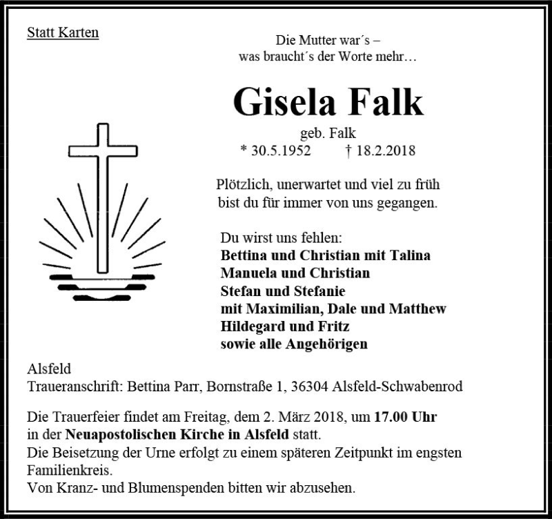  Traueranzeige für Gisela Falk vom 27.02.2018 aus VRM Trauer