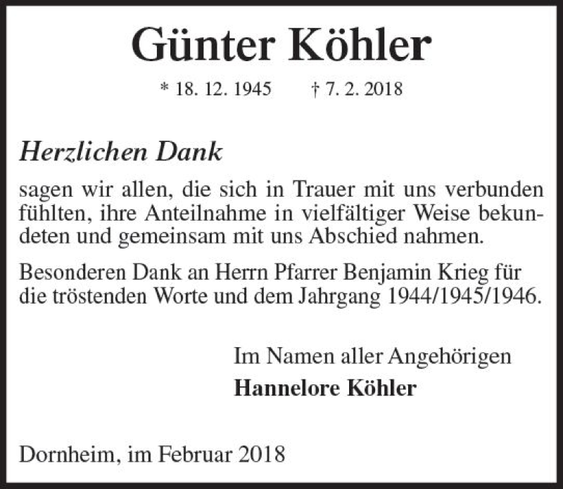  Traueranzeige für Günter Köhler vom 28.02.2018 aus Trauerportal Rhein Main Presse
