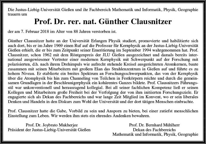  Traueranzeige für Günther Clausnitzer vom 17.02.2018 aus  Gießener Anzeiger