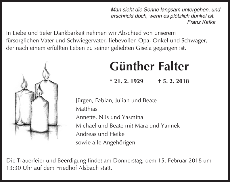  Traueranzeige für Günther Falter vom 10.02.2018 aus Trauerportal Rhein Main Presse