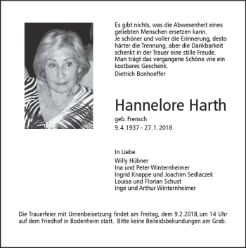 Traueranzeige von Hannelore Harth von Trauerportal Rhein Main Presse
