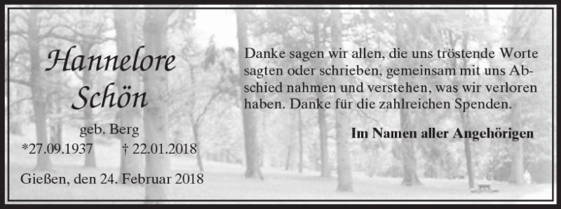  Traueranzeige für Hannelore Schön vom 24.02.2018 aus  Gießener Anzeiger