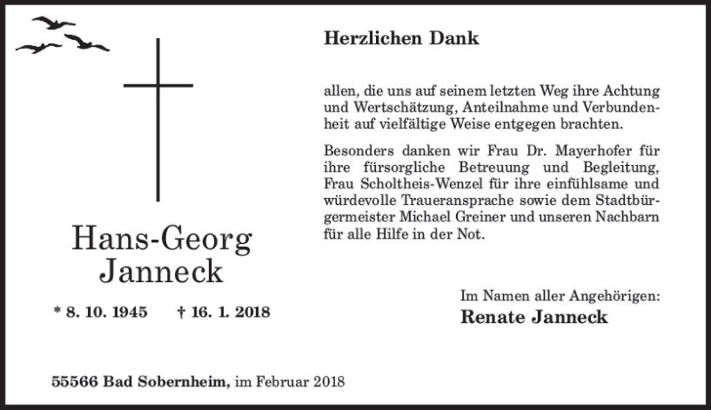  Traueranzeige für Hans-Georg Janneck vom 17.02.2018 aus Trauerportal Rhein Main Presse