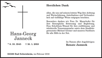Traueranzeige von Hans-Georg Janneck von Trauerportal Rhein Main Presse