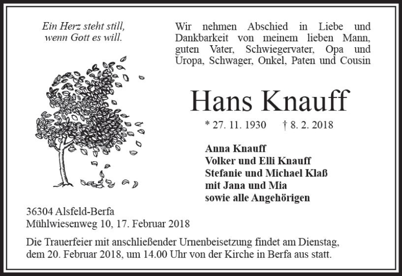  Traueranzeige für Hans Knauff vom 17.02.2018 aus VRM Trauer