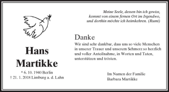 Traueranzeige von Hans Martikke von  Camberger Anzeiger
