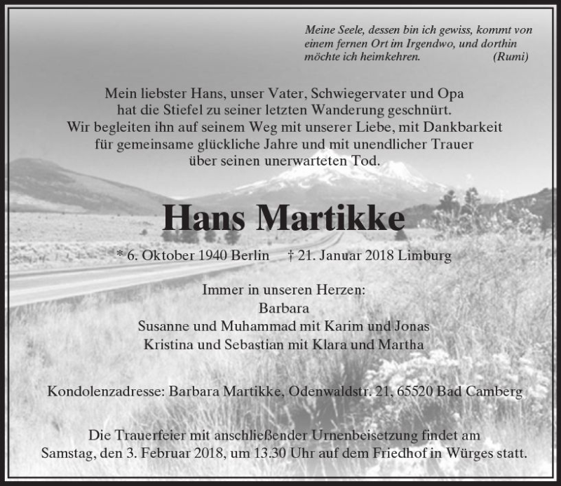  Traueranzeige für Hans Martikke vom 01.02.2018 aus  Camberger Anzeiger