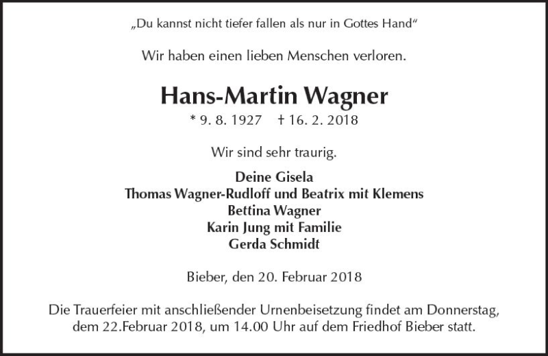  Traueranzeige für Hans-Martin Wagner vom 20.02.2018 aus  Gießener Anzeiger