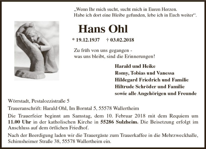  Traueranzeige für Hans Ohl vom 07.02.2018 aus Trauerportal Rhein Main Presse